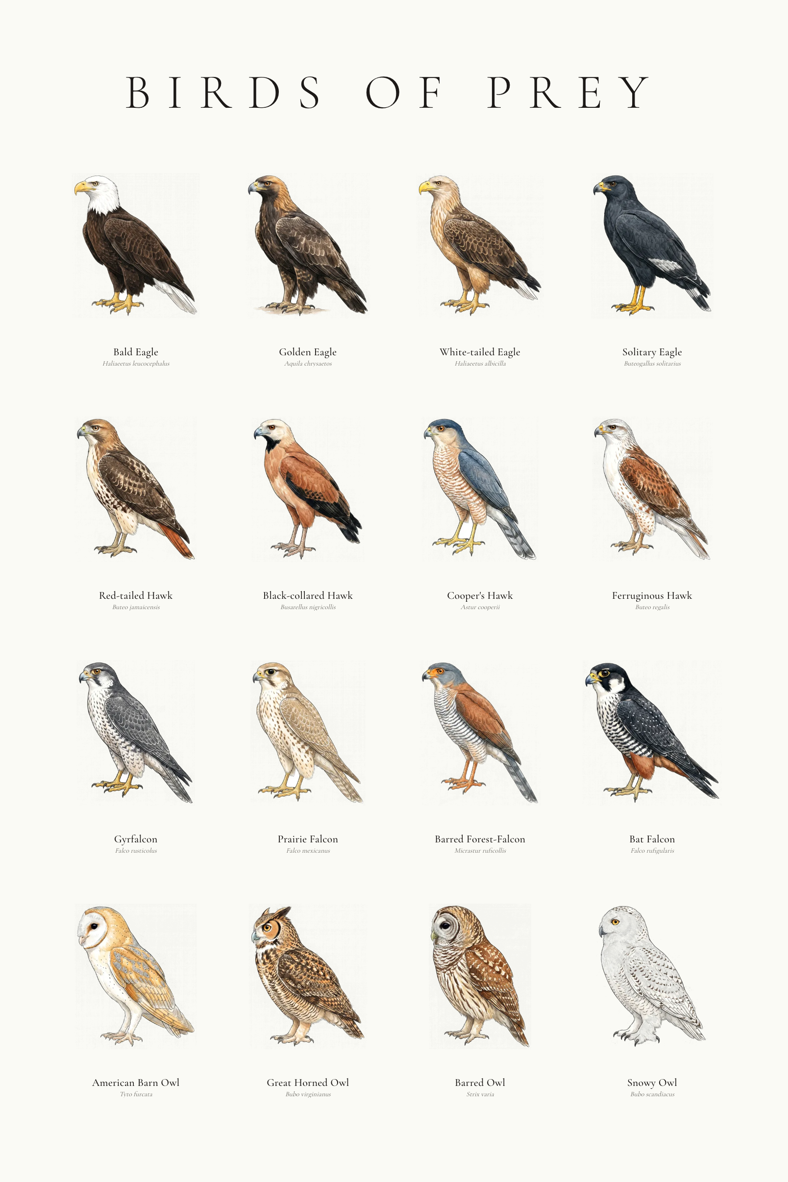 A natural-wood-framed 24×36 birding life-list poster titled 'Birds of Prey' showing 16 hand-drawn raptors in a 4×4 grid